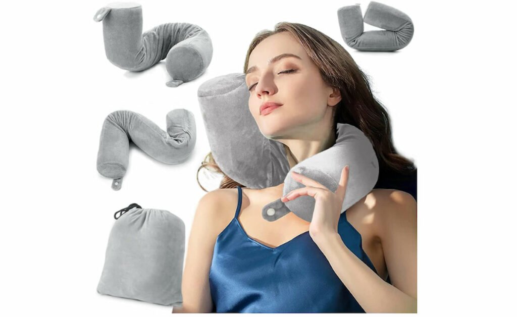 Almohada inflable de viaje, almohada de avión con diseño de válvula  patentado, accesorios de viaje con soporte para cuello y cabeza, almohadas  de